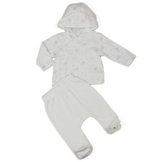 J13810:  Baby Unisex Clouds Ribbed AOP Jacket & Footed Pant Outfit (0-6 Months)